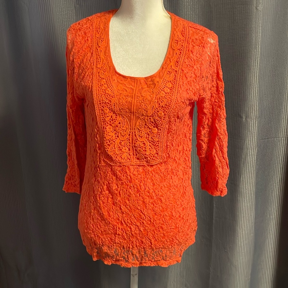 Peck & Peck Top Womens Medium Orange Boho Floral Stretchy Lace Pullover Blouse